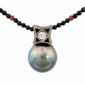 15mm Tahitian Pearl Pendant Fob w Vintage 14K Gold Bale & 26" Spinel Necklace - Picture 1 of 19