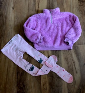 Girl Set Pink Fuzzy Pullover With Pockets And Pink Kitty Tights Size 4T - Picture 1 of 6