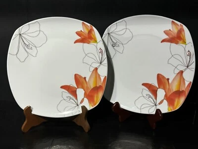 Set of 2 TABLETOPS GALLERY Lily 10" Square Dinner Plates Orange Lily Flowers - Image 1 of 2