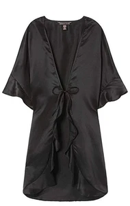Victoria's Secret sexy schwarzer Satin-Kimono Morgenmantel Rüschen Einheitsgröße vorne zum Binden - Bild 1 von 8