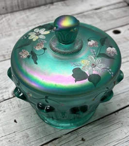 Fenton Art Glass Aquamarine Green Floral Design Lidded Candy Dish Signed 💐 - Picture 1 of 21