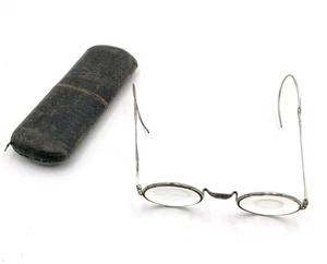 Antike Runde Brille mit Stärke und Gespinstbügel im Etui/ Hartschalenbox - Bild 1 von 9