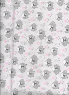 New A.E. Nathan Gray Fluffy Sheep Flower on Pink Flannel Fabric by the 1/4 Yard - Image 1 of 2