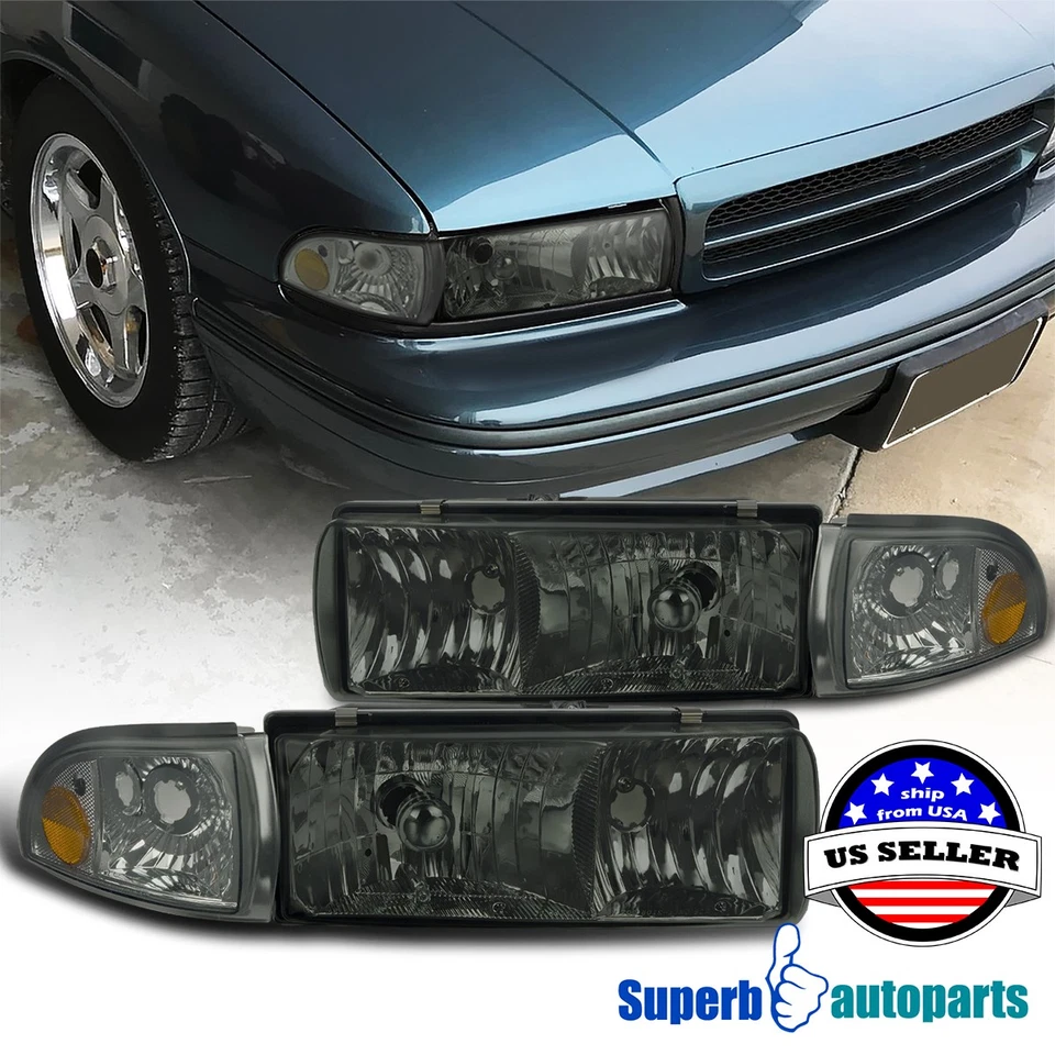 Fits 1994-1996 Chevy Impala Headlights Head Lamp w/ Corner Lights Smoke Foto 1 de 4