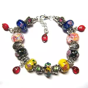 LADYBUGS AND FLOWERS EUROPEAN MURANO GLASS BEADS CHARM BRACELET HANDMADE - Picture 1 of 4