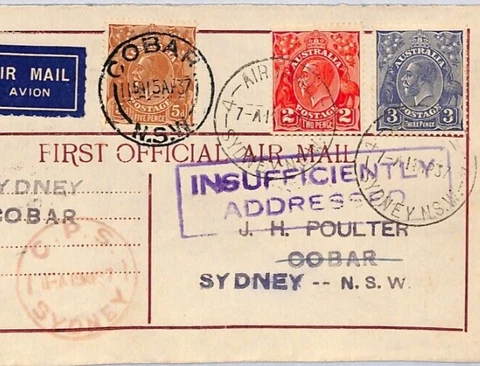 AUSTRALIA KGV AIR MAIL Cover RARE 1937 Double FIRST FLIGHT Sydney-Cobar ZF171 Cover