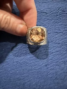 Vintage Silver Tone Lia Sophia Amber Glass Stone Cocktail Ring, Sz 9.25 - Picture 1 of 16