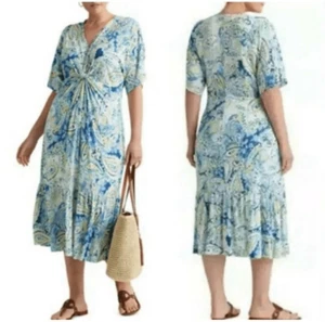 Lauren Ralph Lauren Linen Blend Midi Dress Plus Sz 2X Blue White Paisley Floral - Picture 1 of 11