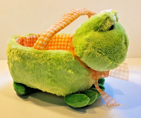 Fuzzy Frog Picnic Easter Basket with orange and white interior pattern Cover