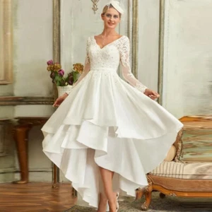 H-Low Satin Wedding Dresses V Neck Long Sleeve Appliques Pleated Bridal Gowns - Picture 1 of 4