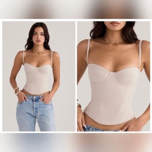 Neu mit Etikett House of CB Shanna Krepp Auster Bügel Korsett Top in Beige Größe XL - Bild 1 von 10