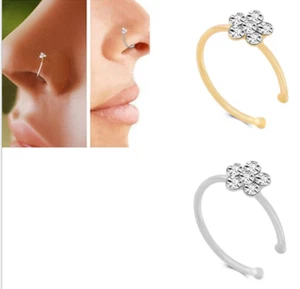 Surgical Steel Plated Nose Ring Flower Rhinestone Bone Body Piercing Stud - Picture 1 of 7