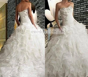 Charming Strapless Beaded Lace Applique Ruffled Wedding Dress Bridal Gown Custom - Picture 1 of 5