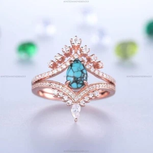 Bridal Statement Engagement Ring 14k Gold Turquoise Moissanite Gemstone Jewelry - Picture 1 of 6