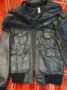 Asos leather hooded jacket front 4 presstud pockets ize mens small - Picture 1 of 4
