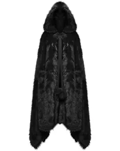 Punk Rave Womens Long Gothic Faux Fur Asymmetric Hooded Winter Cloak Cape Black - Picture 1 of 13