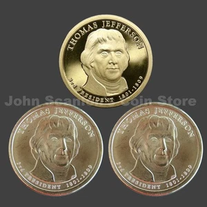 Trio di dollari presidenziali Jefferson 2007 P&D FDC e S-Mint Proof (3 monete) - Foto 1 di 2