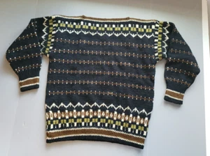 VTG Hand Knitted Homemade Black Brown Green Wool Sweater S/M Granny Skier 1970s - Picture 1 of 7