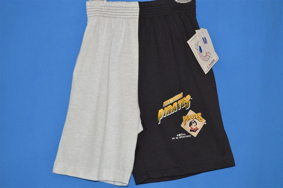 vtg 90s PITTSBURGH PIRATES BLACK GRAY TWO TONE BOY'S BASEBALL SHORTS YM 10-12 - Image 1 of 3