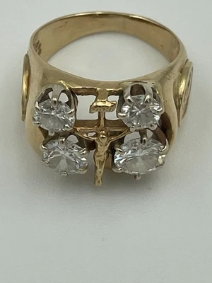 Men's 14K Gold Natural Diamond Crucifix Ring - Religious w/ Miraculous Medals - Изображение 1 из 4