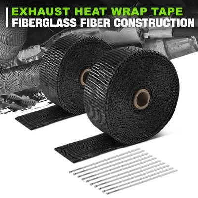Cabezal de escape de fibra de vidrio negro de 2" de 30 pies envoltura térmica y lazos de acero inoxidable de 10 piezas Foto 1 de 4