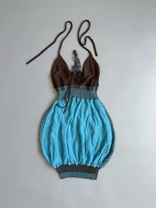 Save The Queen Italy Knit Halter Dress Top Boho Balloon Style Blue/Brown Size XL - Picture 1 of 14
