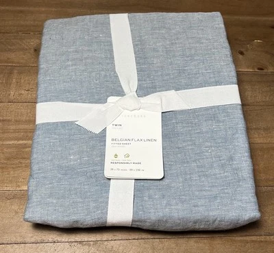 Sábana bajera Pottery Barn belga lino lino doble azul cambray Foto 1 de 2