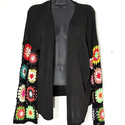 Cárdigan tejido negro para mujer Crochet manga floral retazos abuela cuadrado boho L Foto 1 de 4