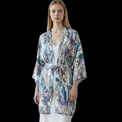 Bata Kimono Japonesa Vintage Algodón M/L Púrpura Verde Azulado Floral Hasta la Rodilla Años 70 Foto 1 de 4