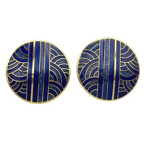 Orecchini cloisonne rotondi oro blu SITI vintage smalto art deco astratto 1 in - Foto 1 di 5