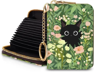 Women'S Black Cat Floral RFID Wallet, Waterproof, Leather, 12 Card Slots, 2 Pock - Picture 1 of 12