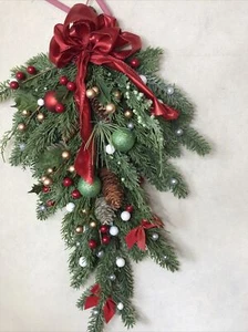Christmas Swag Red Decoration with Bowl and Pinecones 26in H Made Handmade - Picture 1 of 11