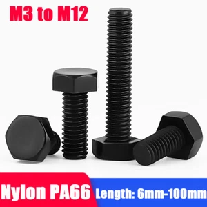 BLACK HEX NYLON MACHINE SCREWS HEXAGONAL BOLTS DIN 933 M3 M4 M5 M6 M8 M10 M12 - Picture 1 of 8