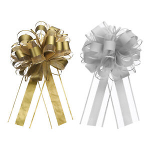 10pcs 8 Inch Large Pull Bow Organza Gift Wrapping Bows Ribbon, Golden Silver
