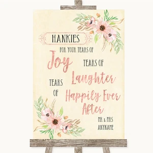Blush Peach Floral Hankies And Tissues Personalised Wedding Sign - Picture 1 of 8