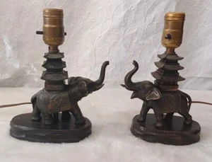 Vintage Pair Of 2 Elephant Metal Wood Base lamp pair working MCM BOHO - Picture 1 of 18