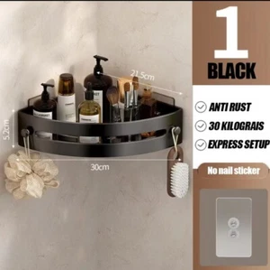 No Drill Wall Mounted Corner Shower Shelf | Black Aluminum Bathroom Organizer - Picture 1 of 8