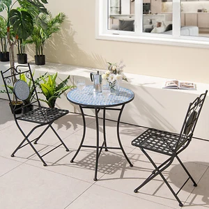 3 PCS Patio Bistro Set w/ Exotic Mosaic Table & 2 Folding Chairs Outdoor Black - Picture 1 of 6