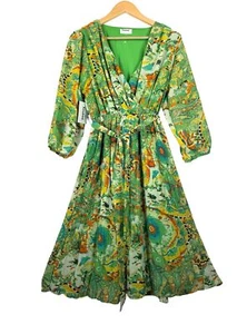 Kindred Boho Plissee Artsy Vibrant Midi Fit Flare Kleid Wickel 90s Y2k Gr. L - Bild 1 von 7