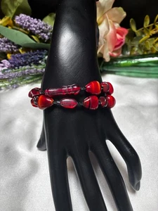 Vintage Artisan Made Red Art Glass Bead Double Strand Bracelet Filigree Clasp - Picture 1 of 13
