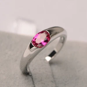 925 Sterling Silver Pink Ruby Lab Created Bezel Women Ring US Duty Free - Picture 1 of 4