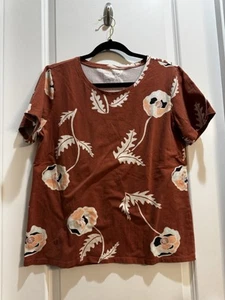 Ann Taylor Factory Rust Floral Tee Large Round Neck ShortSleeve Cotton - Picture 1 of 6