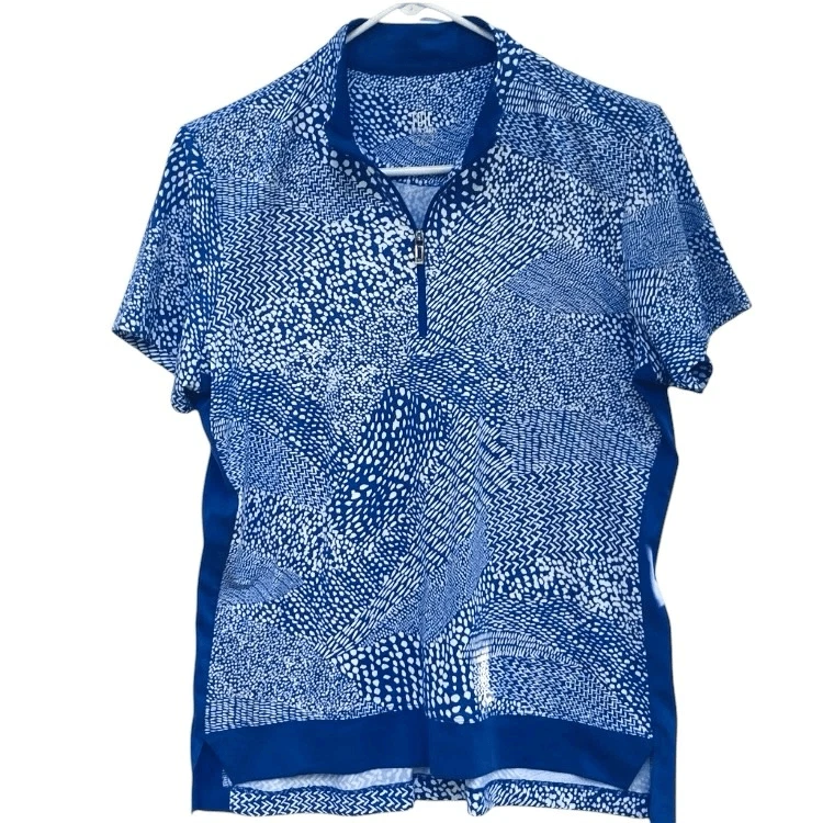 Polo de golf cola etiqueta blanca talla L azul blanco estampado abstracto cuarto cremallera St Foto 1 de 4