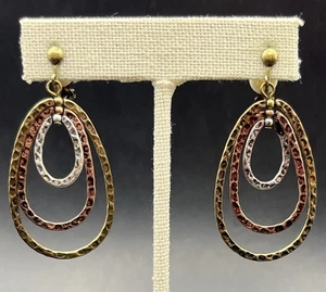 Tri Tone Dangle Clip On Earrings Mixed Metal Hammered Gold Silver Copper Vintage - Picture 1 of 6