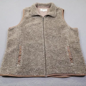 Orvis Deep Pile Sherpa Fleece Vest Mens Brown Tan XL Leather Trim Lined Full Zip - Picture 1 of 7