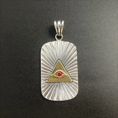 925 Sterling Silver Dog Tag Double Side Pendant Red CZ Triangle Brass Evil Eye - Image 1 of 4