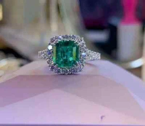 3.00Ct Asscher Cut Natural Emerald Halo Engagement Ring 14K White Gold Plated - Picture 1 of 7
