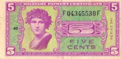 USA / MPC  5  Cents  1954   Series  541  Plate # 40  Circulated Banknote N #7 - Image 1 of 2