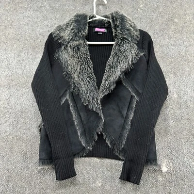 De Colección Say What Chaqueta Mujer Pequeña Negra Cárdigan Acanalado Tejido Imitación Piel Suéter Y2K Foto 1 de 4