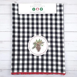 Holiday Table Runner 13x72 Buffalo Plaid Pinecone Winter Black White - Picture 1 of 3